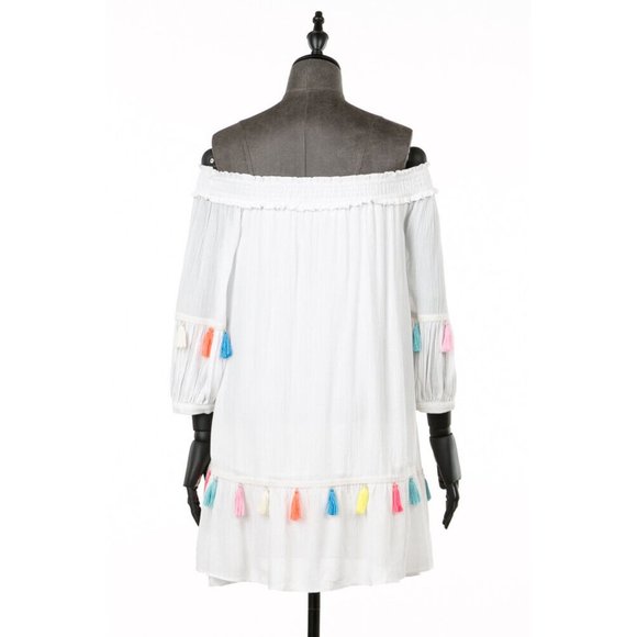 Casual Off The Shoulder Multi-Color Tassels White Dress Super Cute Comfy - Picture 10 of 13